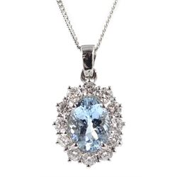  18ct white gold aquamarine and diamond cluster pendant, hallmarked on white gold necklace chain, stamped 18K, aquamarine 1.3carat, diamonds approx 0.4 carat   