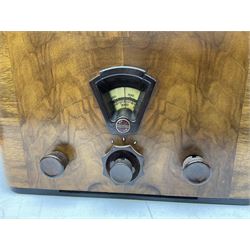 1950s Bush AC41 mahogany cased valve radio, 1930s Philips 588A with walnut veneer case, and 1940s Cossor Model 77, tallest H47cm W36cm D24cm