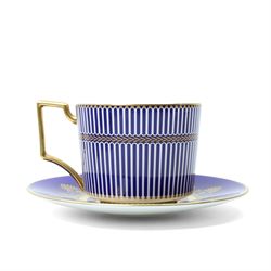 Wedgwood Anthemion Blue pattern tea service richly decorated in blue and gilt with palmette and colonnade forms comprising six cups and saucers, six plates, tea pot, milk jug and sugar box and cover