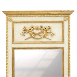 Neoclassical design pair of cream painted and gilt pier mirrors, projecting moulded cornices above frieze panels decorated with ribbon-tied musical trophies, rectangular plates within beaded slips, the outer frames with repeating leaf borders and flowerhead roundels