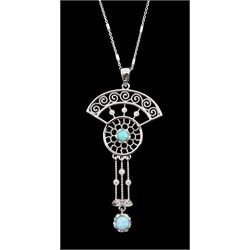 Silver Art Deco style opal openwork pendant necklace, stamped 925