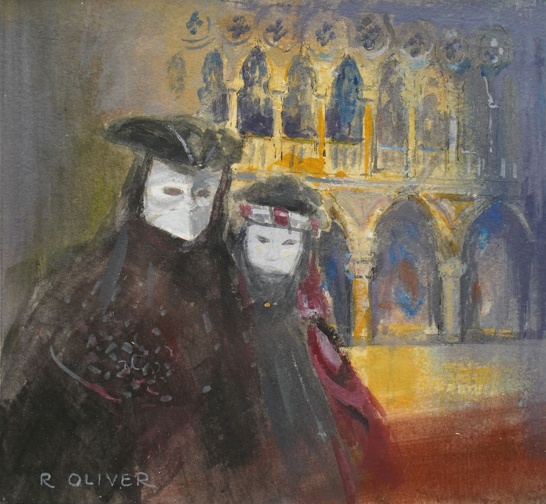 Raymond Oliver (British 1933-): 'Maschere Nobile, Venice', acrylic
on watercolour paper signed, titled and dated 1995 verso 15x17cm