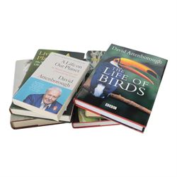 Sir David Attenborough signed colour photograph, together with nine first editions of his books, titles including Life of Earth, New Life Stories, The First Eden, A Life on Our Planet, The Trials of Life, The Living Planet, The Life of Birds, Living Planet and Life on Air