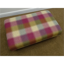  Large rectangular stool, upholstered in a tartan fabric, turned supports on castors, W105cm, H35cm, D66cm  