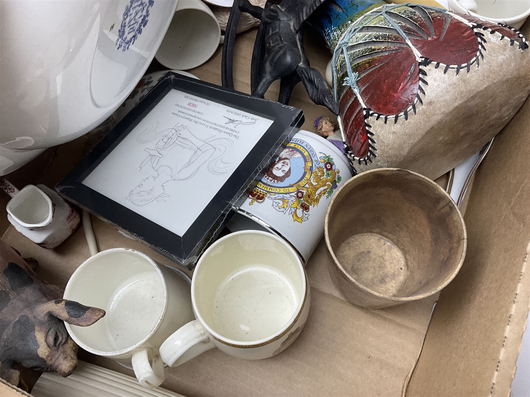 Wedgwood jasperware trinket box, commemorative ware, blue and white ceramics and a collection of other ceramics and collectables in five boxes