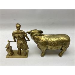 Large brass figure of a hereford bull, together with a brass figure of a blacksmith, bull H15cm