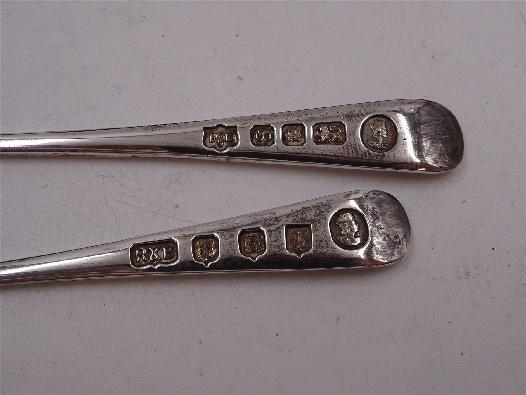 Set of six mid 20th century silver 'British Hallmarks' spoons by Roberts & Belk Ltd, each depicting a different British hallmark, dated 1953, in fitted case