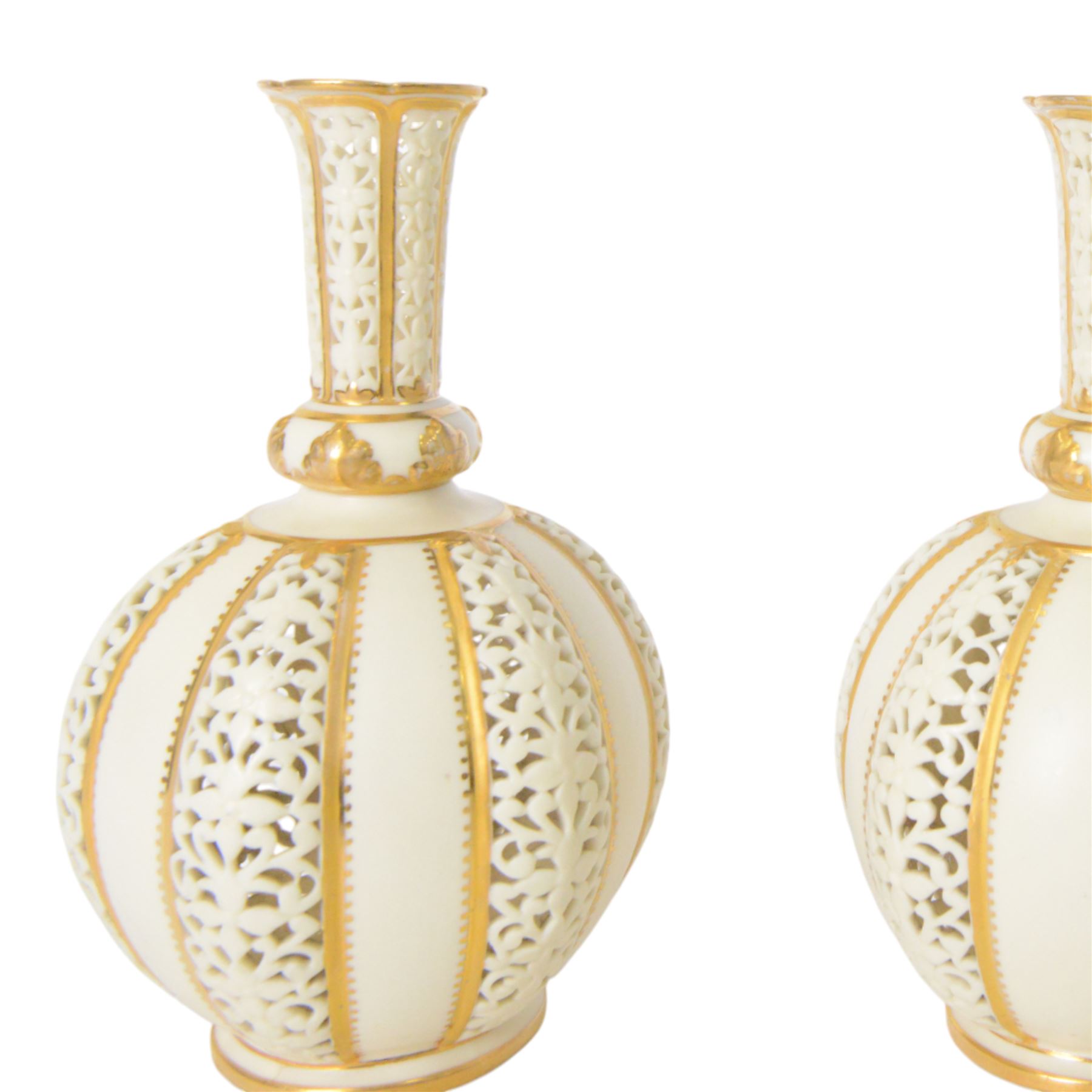 Pair of Grainger & Co. Royal China Works Worcester vases, of globular form with knopped elongated neck, with alternating reticulated panels  and gilt highlights, with printed mark beneath each numbered 1963, H19cm