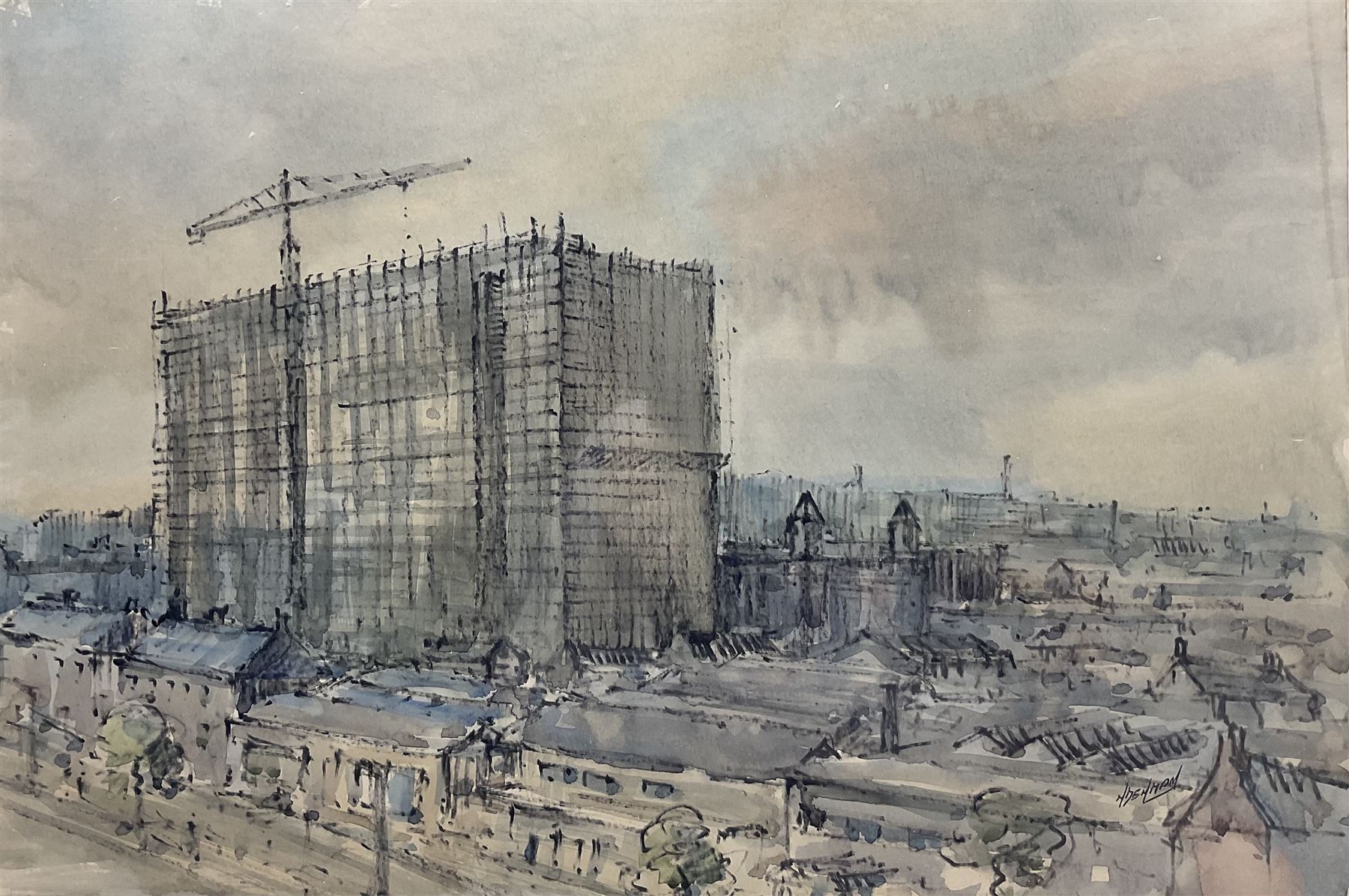 Norman Denman (Northern British 20th century): Hull Royal Infirmary under Construction, watercolour and felt pen signed, inscribed verso 33cm x 49cm