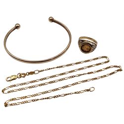 Gold torque bangle, gold Figaro link necklace and a gold coin ring, all 9ct stamped or hallmarked