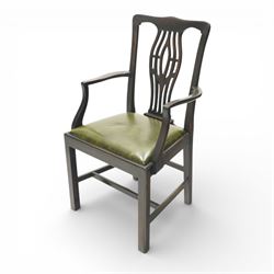 Set of eight Georgian style mahogany dining chairs, comprising six chairs and two carvers, the shaped top rails above pierced vase splats, and green leather upholstered drop in seats, upon square legs united by stretchers