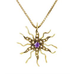 14ct gold amethyst and seed pearl star pendant / brooch, stamped, on a 9ct gold box link c...
