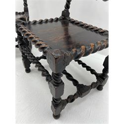 Unusual pair late 17th century oak spindle-back chairs, barley twist or spiral turned throughout, the back with a row of six vertical turned spindles, the supports joined by two lower rails and front central rail, plank seats

Provenance - The chairs illustrated in 'Early British Chairs and Seats 1500-1700' by Tobias Jellinek (Pub: Antique Collectors Club. 2009. p 313). Previous part of a private collection. Vendor purchased from auction 2014.

Measurements - seat width - 48cm, seat height - 38cm/36cm, depth - 50cm, total height - 85cm/82cm