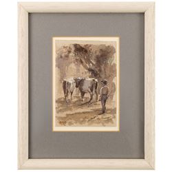 Albert Abram Gittleson (Scottish fl.1911-1940): Herded Cattle, watercolour heightened with white signed with initials 12.5cm x 9cm
Notes: Gittleson was a pupil of Owen Bowen (British 1873-1967).