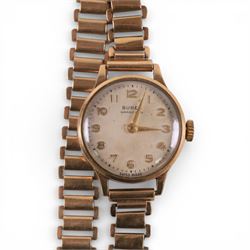 Buren 9ct gold manual wind presentation wristwatch, on 9ct gold bracelet strap, hallmarked