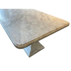 Classical Grecian design Carrera marble centre table, the rectangular single slab top with rounded corners and carved edge, raised on twin pedestals comprised of three pieces with a waisted column on a stepped plinth