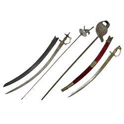  Late Victorian British Military gymnasium practice sword with 85.5cm fullered blunt pointed narrow straight blade, pierced bowl guard and chequered wooden grip L103cm overall; Leon Paul fencing foil with shaped grip and touche wiring; and two reproduction Indian tulwar swords with scabbards (4)