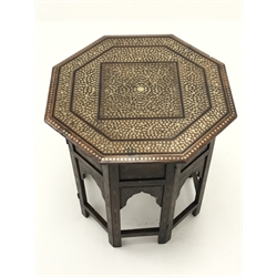  Octagonal Moorish folding occasional table, inlaid with brass flowers and leaves, W52cm, H53cm, D52cm  