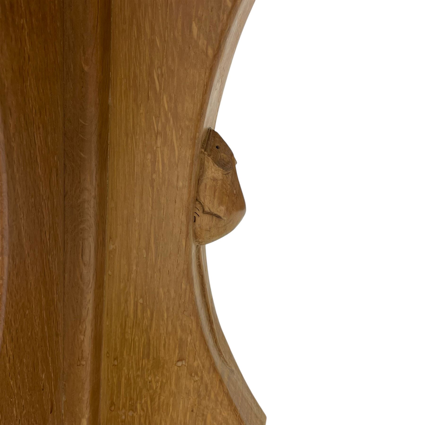 Mouseman - oak occasional table, octagonal adzed top on cruciform base with sledge feet, carved with mouse signature, by the workshop of Robert Thompson, Kilburn 