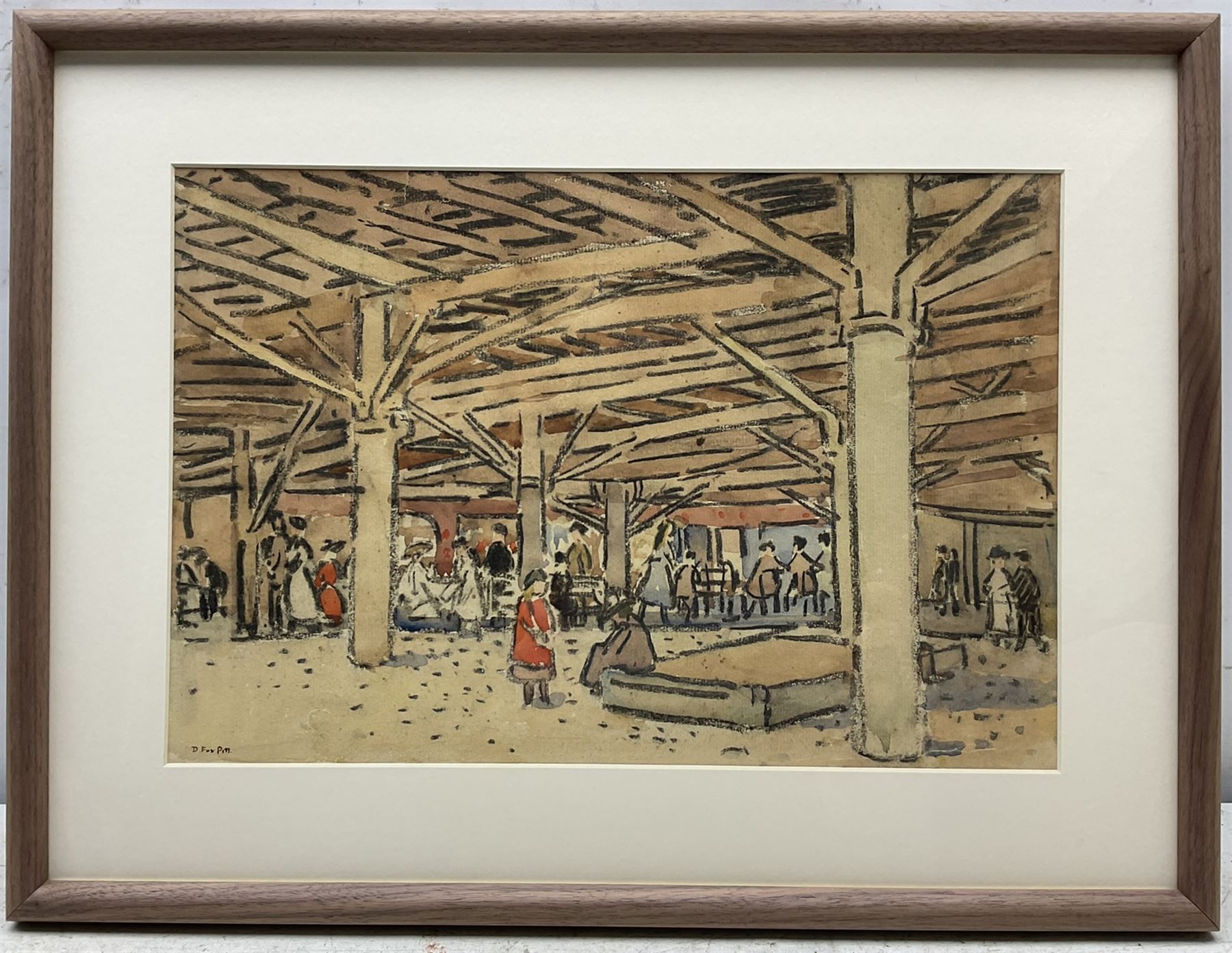 Douglas Fox Pitt (British 1864-1922): Figures under Brighton Pier, watercolour and charcoal signed 23cm x 35cm