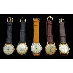 Five plated and stainless steel automatic wristwatches including MuDu, Onsa, Genex, Helbros and Britix