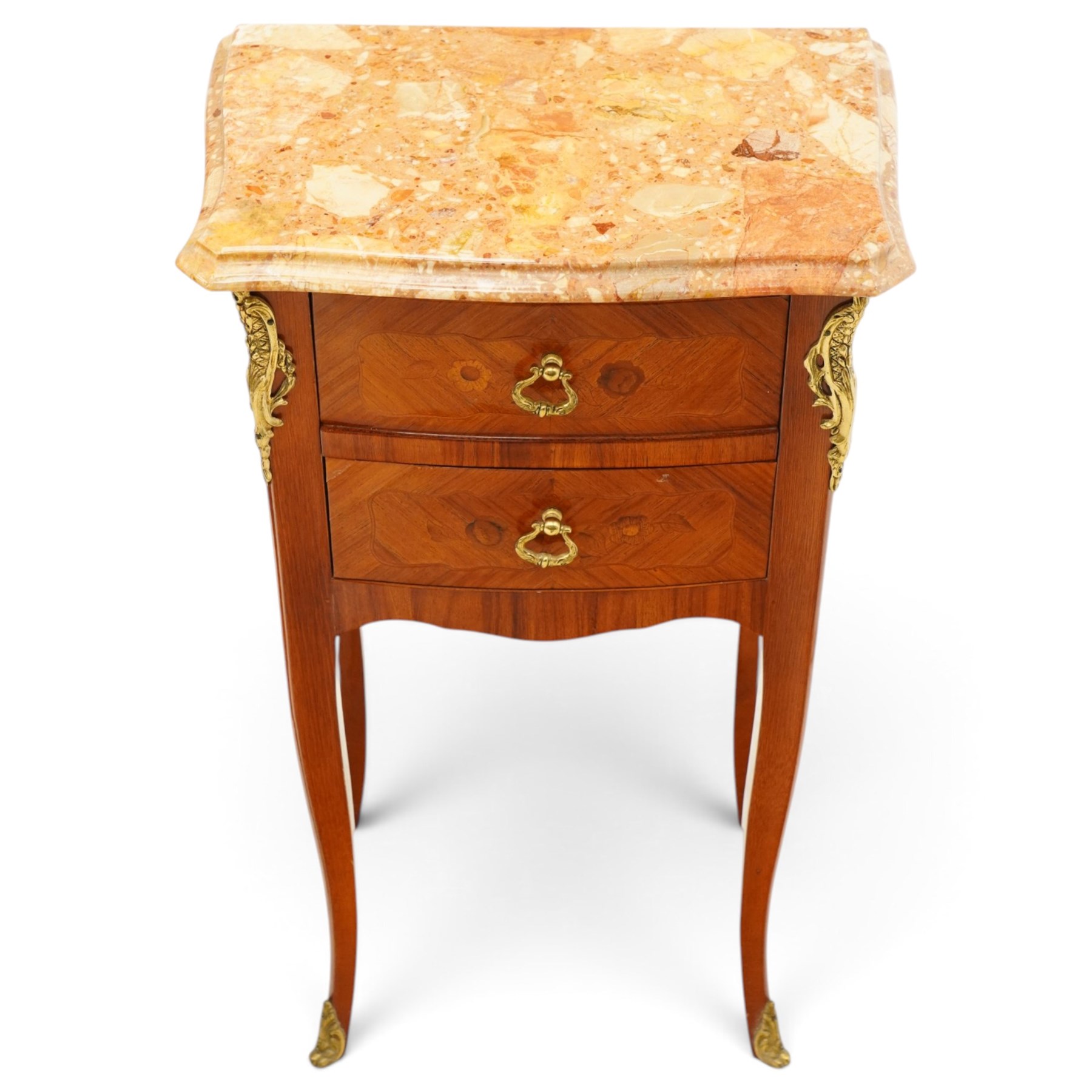 Pair of French inlaid kingwood marquetry bedsides, the shaped marble top over two drawers flanked by gilt metal rocaille mounts, raised on tapering cabriole supports