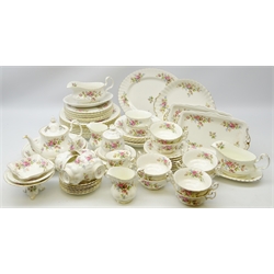  Royal Albert 'Moss Rose' seventy-five piece dinner and tea service for six, plus extras with matched sauce boat stand (76)  