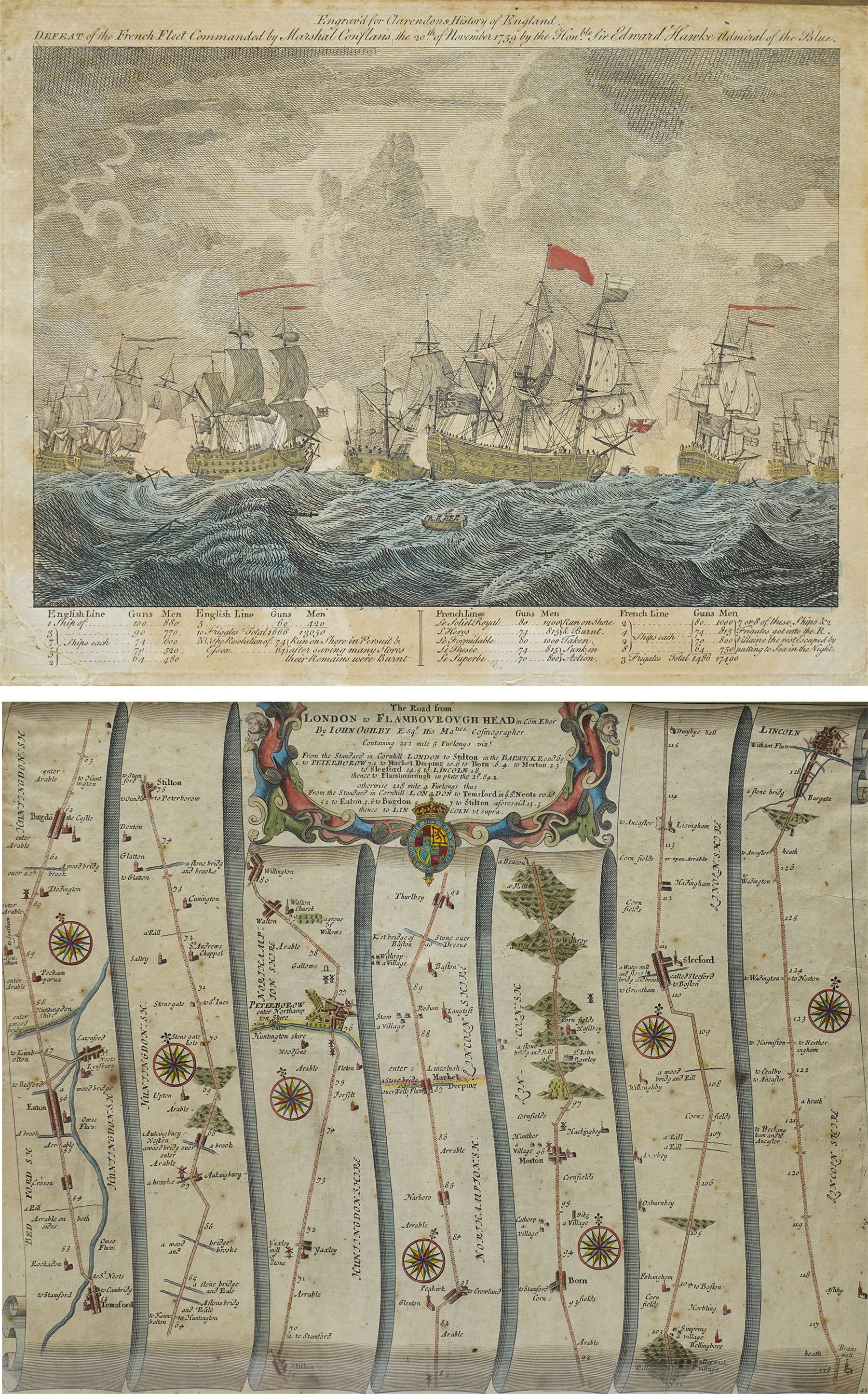 John Ogilby (British 1600-1676): ''The Road from London to Flamborough Head', 17th century engraved strip map with hand-colouring 36cm x 45cm; 'Defeat of the French Feet Commanded by Marshal Conflans... 1759 by the Hon Sir Edward Hawke Admiral of the Blue', 18th century engraving with hand-colouring 19cm x 24cm (2) 