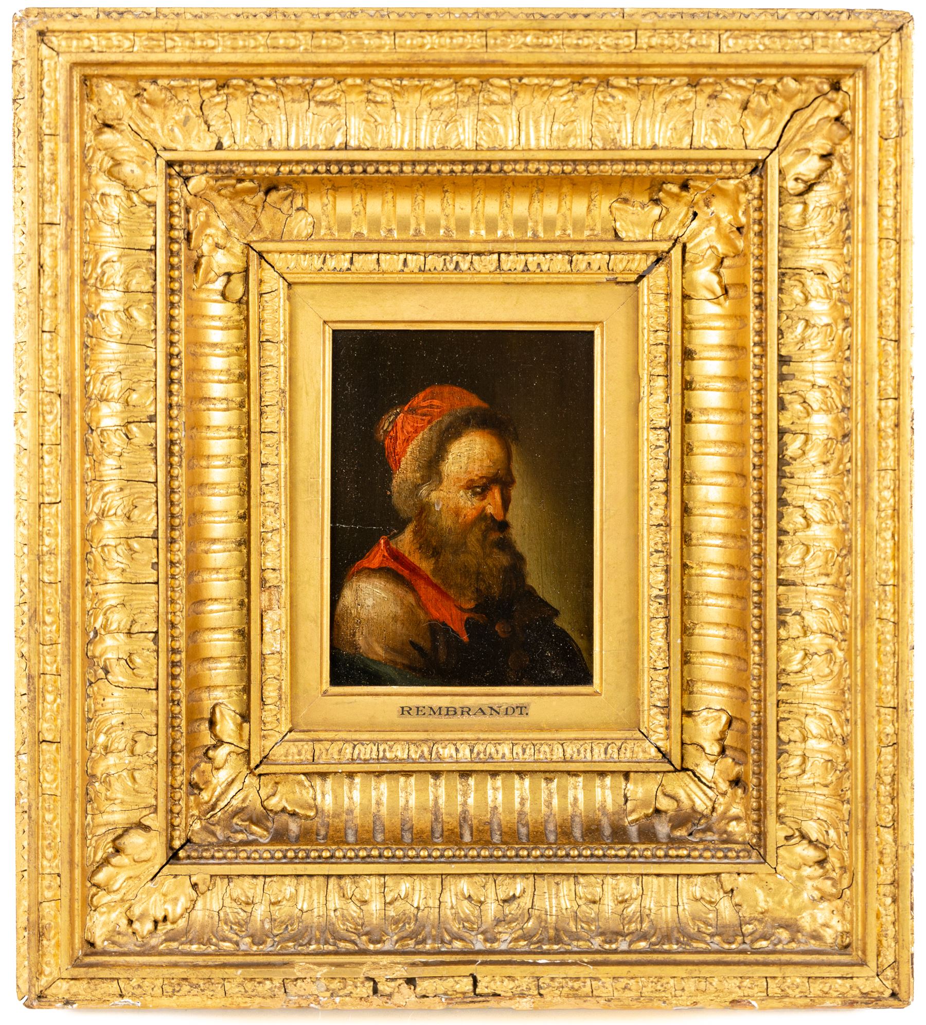 After Rembrandt van Rijn (Dutch 1606-1669): Portrait of a Bearded Man, oil on board unsigned 11.5cm x 8.5cm
