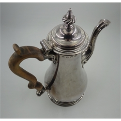  George lll silver baluster coffee pot, hinged lid with hive finial, acanthus cast spout and hardwood handle on stepped circular base by Fuller White, London 1763, H27cm, approx 33oz   