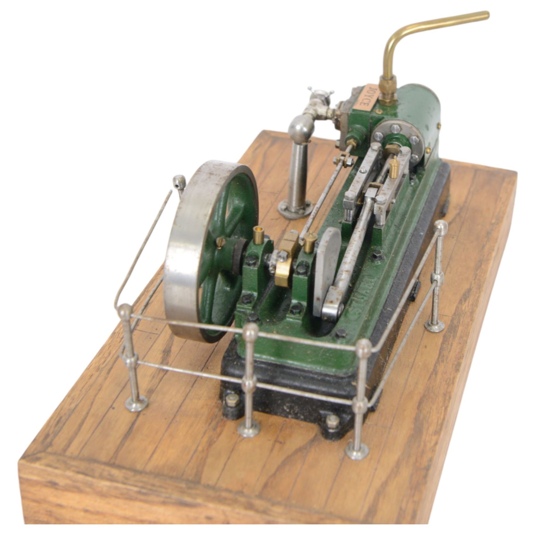 Stuart Models kit built stationary live steam engine, with plaque to one side reading 'Joyce', in green and black finish, upon wooden plinth, engine L22cm