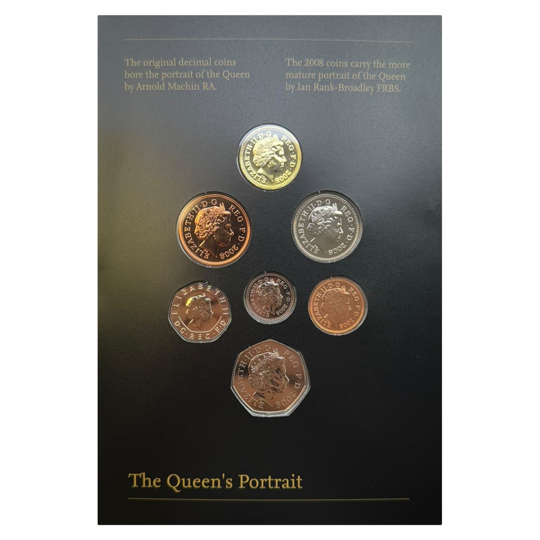 Seven The Royal Mint United Kingdom uncirculated coin sets, comprising  2008 'Emblems of Britain' seven coins, 2010 'A celebration of Britain' eight coins, 2014 'Definitive' eight coins, 2015 'The Fourth Circulating Coinage Portrait Final Edition' eight coins, 2022 'Definitive' eight coins, 2023 'King Charles III Definitives' eight coins and 2024 'Definitive' eight coins, all in card folders