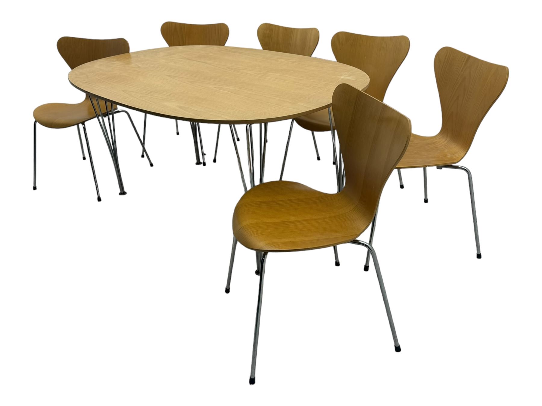 Piet Hein & Bruno Mathsson for Fritz Hansen - contemporary 'superellipse' dining table, oval beech top raised on four chrome supports; set of six Fritz Hansen butterfly-shaped chairs on tubular chrome supports