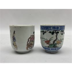 Two 18th century Chinese Yongzheng coffee cups, the first example decorated in polychrome enamel with rooster amidst blossoming peonies, the second decorated with deer and crane among rockwork and pine tree, together with two further 18th century Chinese coffee cups, an 18th century Chinese tea bowl, and a further tea bowl