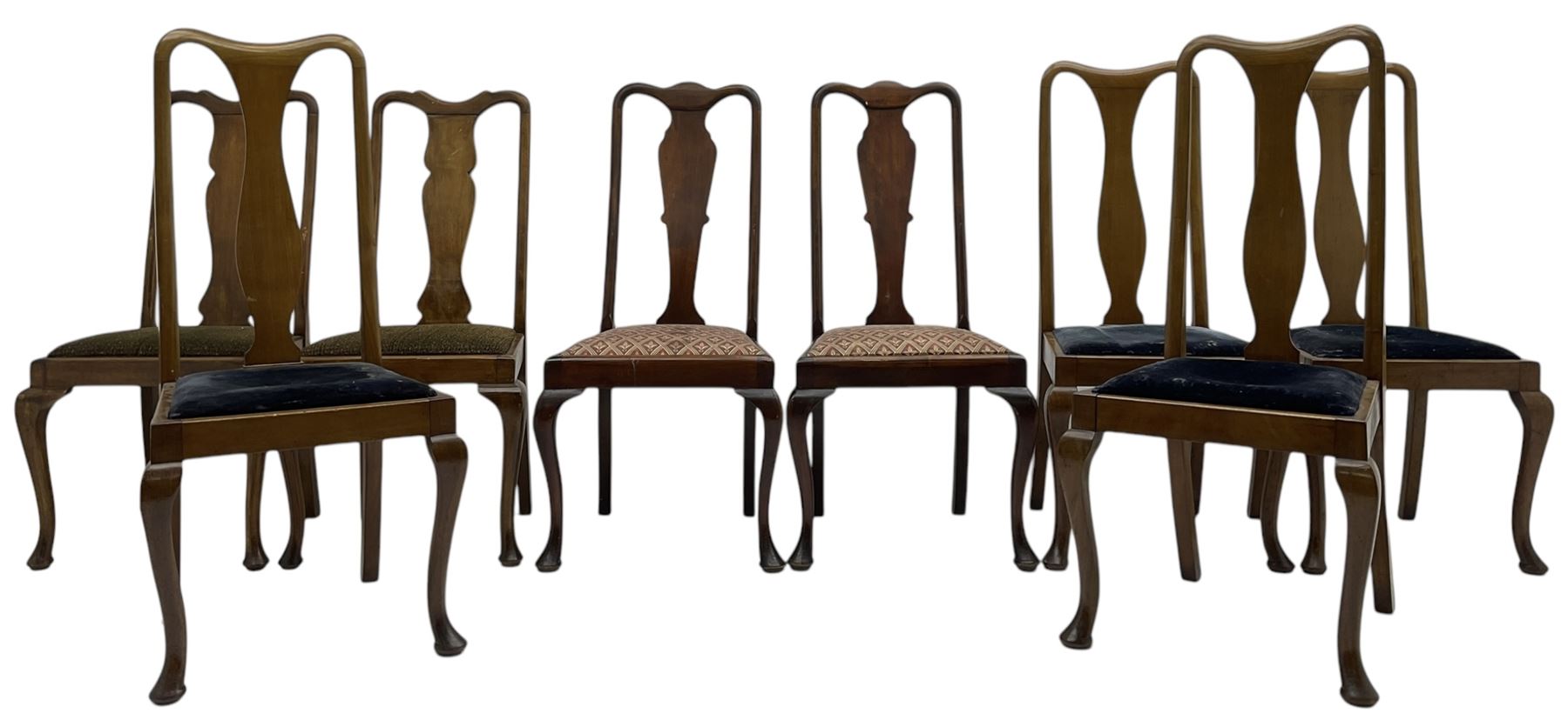 Matched set of fourteen early 20th century mahogany dining chairs, shaped cresting rail over shaped splat, upholstered drop-in seat, on cabriole front supports 