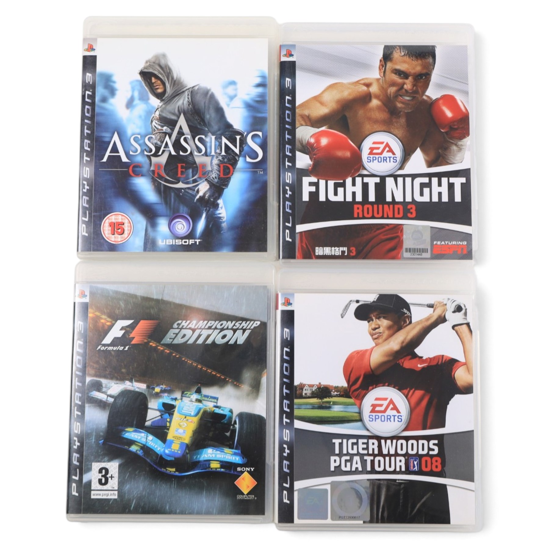 Playstation 3 console with controller and power cable and ten games, comprising EA Sports Active 2 Personal Trainer, F1 Championship Edition, Tiger Woods PGA Tour 08, Call of Duty Black Ops, Call of Duty Modern Warfare, Call of Duty MW3, Resistance Fall of Man, Assassin's Creed, Fight Night Round 3, Beijing 2008