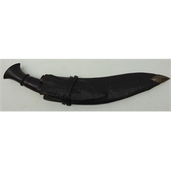 Kukri Knife, 34cm curved single edge blade with shaped wooden handle, in steel tipped leather sheath with two smaller knives, L46cm  