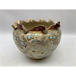 Three jardinières comprising West German Gerz example decorated in relief, Doulton Slaters example with frilled everted rim and a majolica example, and a further two Arthur Wood majolica jugs (5)