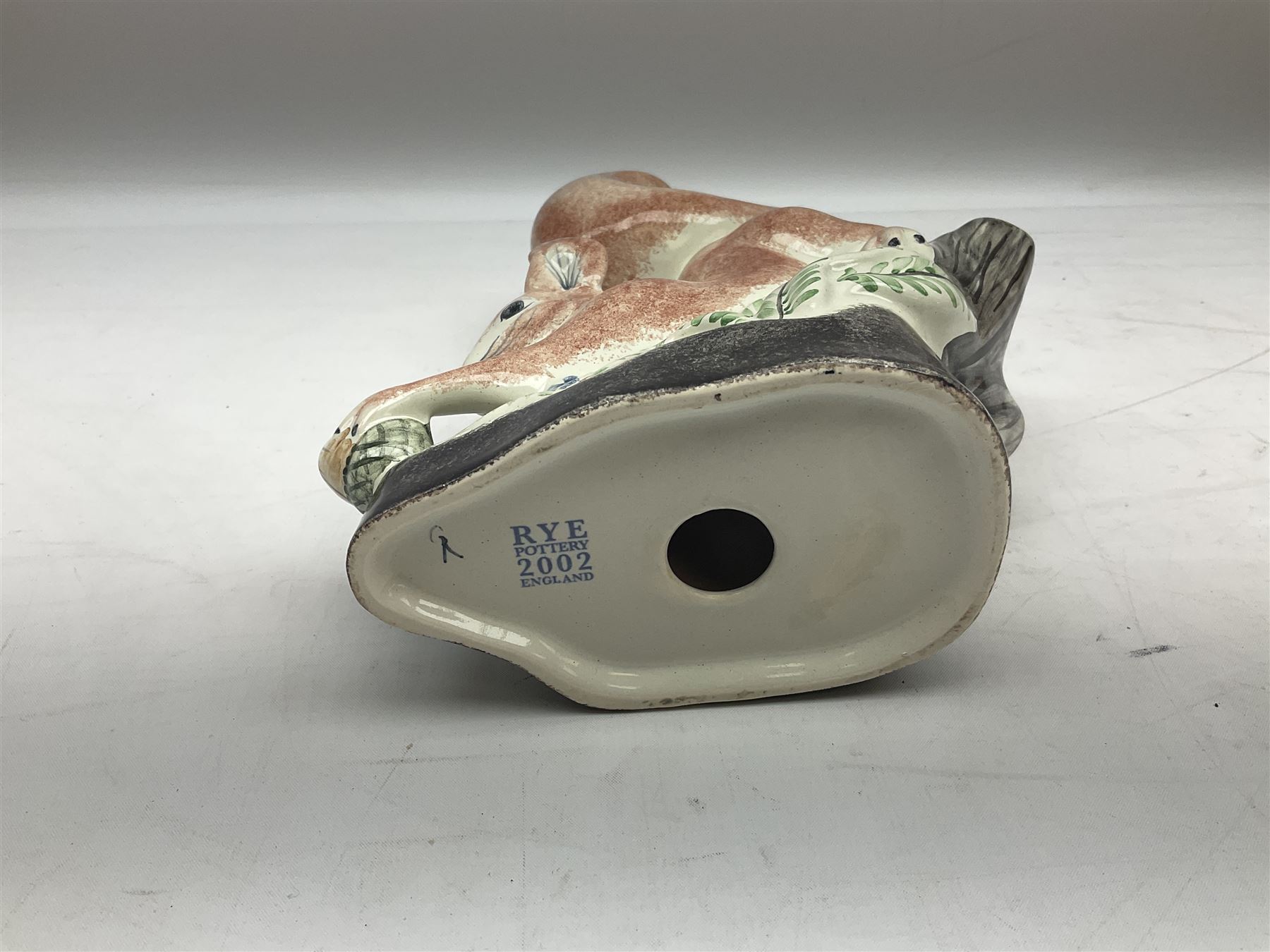 Six Rye Pottery figures, comprising, jumping fox, squirrel upon a branch, billy goat, bull, chicken and cockerel  