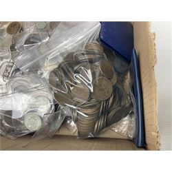 Mostly Great British coins including pre decimal pennies, various pre-1947 silver coins, Winston Churchill and other commemorative crowns, Britain's first decimal coins in blue folder etc