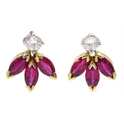 Pair of 18ct white and yellow gold round brilliant cut diamond and marquise cut ruby pendant stud earrings, London 1989, total diamond weight approx 0.20 carat