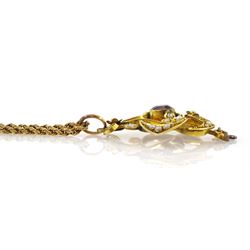 Edwardian 9ct gold seed pearl pendant, stamped 9ct, on 18ct gold rope twist link necklace
