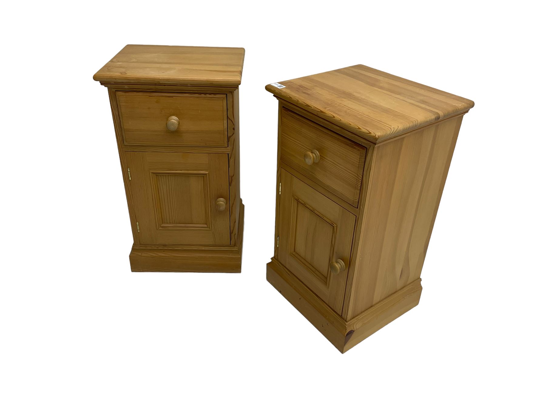 Pair traditional pine bedside cabinets, single drawer over cupboard