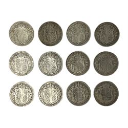 Twelve Great British pre 1920 silver halfcrown coins, dated 1906, 1908, 1912, 1913, two 1914, two 1915, 1916, 1917, 1918 and 1919