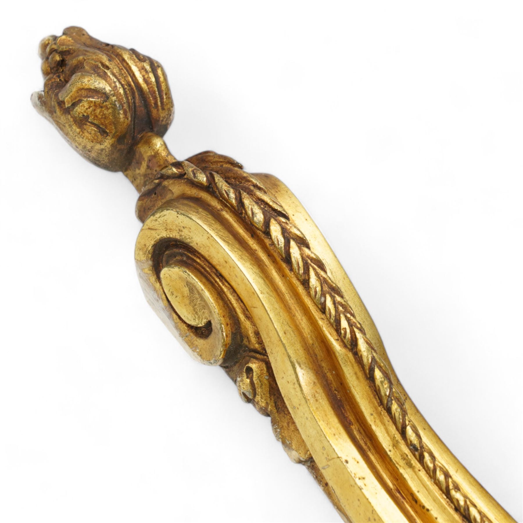 Pair of Lous XVI style ormolu three branch wall sconces, with scrolling foliate backplates and leaf-capped reeded scrolling branches, converted to electricity 