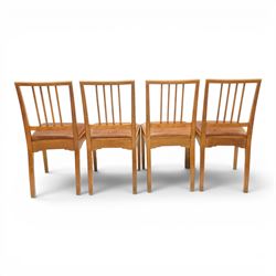 Acornman - set of four oak dining chairs, chamfered slatted back, tan leather drop in seat, raised on square supports with carved acorn signature, by the workshop of Alan Grainger of Brandsby