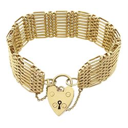 9ct gold nine bar link bracelet, with heart locket clasp, hallmarked, approx 34.75gm