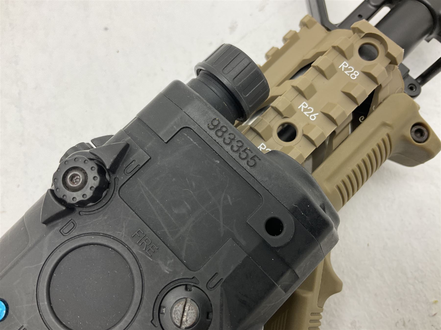 Combat Machine lithium battery powered airsoft BB rifle, 'Complete AEG Series' to fire 5mm pellets, with adjustable length stock L69cm non-extended; with six magazines, Trijicon ACOG red dot telescopic sight, battery charger etc (NO BATTERIES)