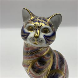 Three Royal Crown Derby paperweights, comprising of three cats, all with gold stoppers and printed mark beneath 