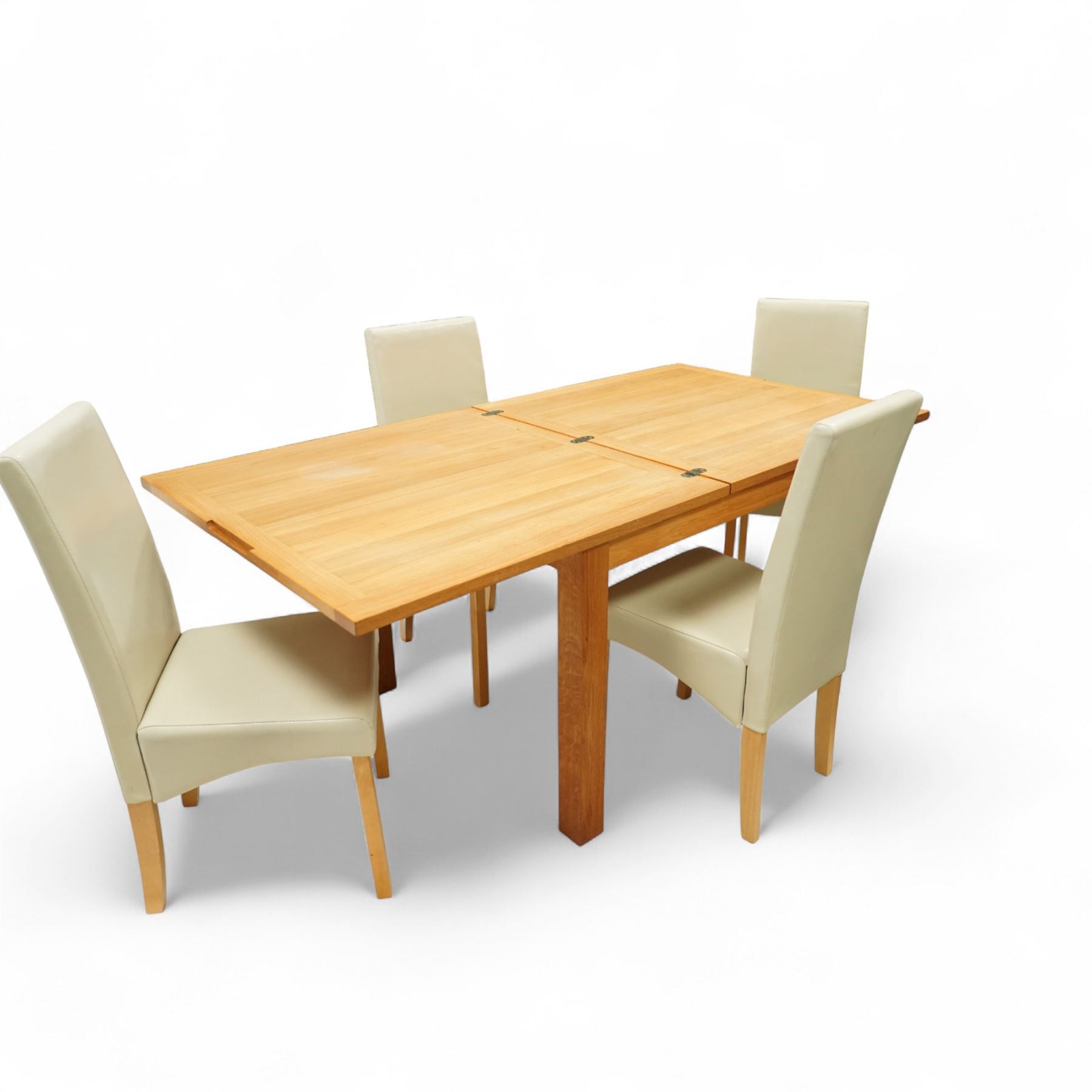Laura Ashley - contemporary dining suite, comprising square extending oak veneered dining table with fold out leaf, together with four high back dining chairs upholstered in cream faux leather with pale wood legs